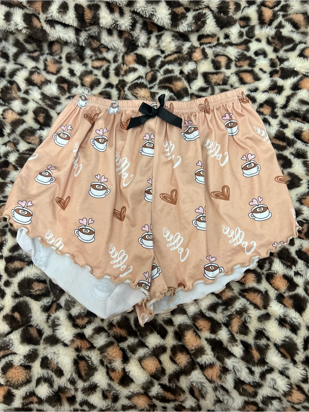 Women’s Peach Coffee-Print Lounge Shorts with Bow